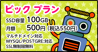 ビックプラン[容量：20GB／月額500円／マルチドメイン：10個／MySQL：5／転送量：課金なし]